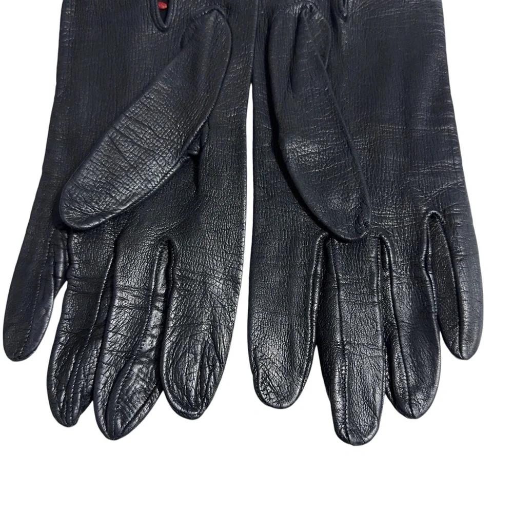 Womens Vintage Leather Gloves with Red Embroidered Accent Unlined